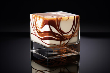 artistic interpretation of a dessert, with swirls of chocolate and cream creating an abstract, marble-like pattern, elegantly presented on a reflective surface.