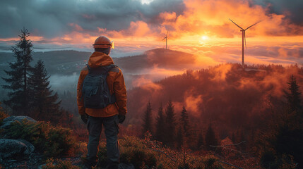 16:9 or 9:16 engineer  Standing on top of a wind turbine looking at a wind turbine generating electricity on another mountain peak. - obrazy, fototapety, plakaty