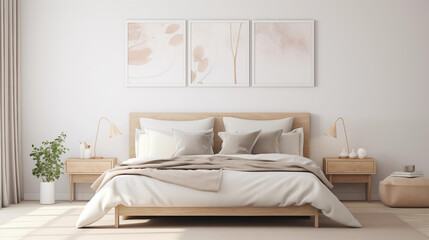 Chambre à coucher, plan sur un lit de couleurs claires et épurées, dans les tons blanc et beige. Drap, oreiller, couverture. Décorations, lumières douces. Pour conception et création graphique. 