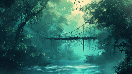 ungle Odyssey: Rickety Bridge Over a River in Exotic Wilderness - Digital Drawing