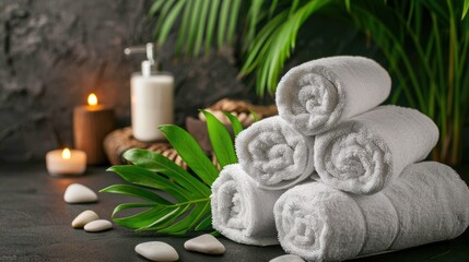 Fototapeta na wymiar white folded towels on a dark background with candles and leaves in a spa salon, an atmosphere of calm and relaxation