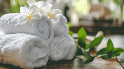 white folded towels on a light wooden background with flowers in a spa, an atmosphere of calm and relaxation