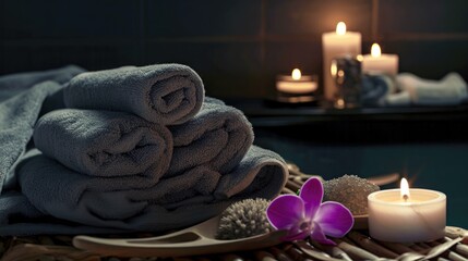 Obraz na płótnie Canvas gray folded towels on a dark background with candles in a spa salon, an atmosphere of calm and relaxation