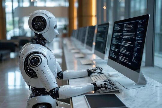 Futuristic Service, Autonomous Robot Assistant at Modern Tech Hub Reception