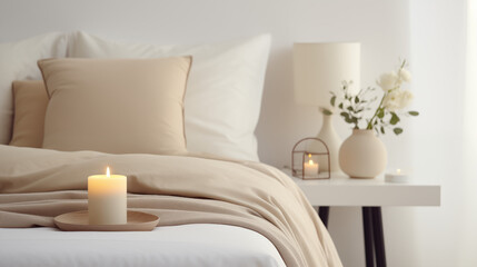 Naklejka premium Chambre à coucher, plan sur un lit de couleurs claires et épurées, dans les tons blanc et beige. Drap, oreiller, couverture. Décorations, lumières douces. Pour conception et création graphique. 