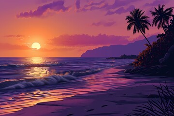 Fototapeta na wymiar beach at sunset with cartoon background