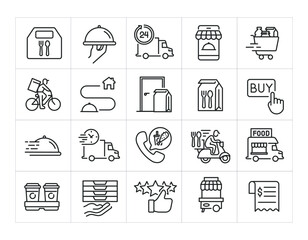 Food delivery minimal thin line icons. Related fast deslivery, courier, pizza, fast food. Editable stroke. Vector illustration.