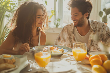 Happy couple eating breakfast and talking at dining table in the morning in a bright room.