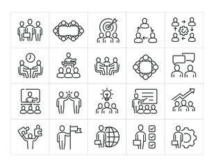 Teamwork minimal thin line icons. Related management, organization, meeting, achievement. Editable stroke. Vector illustration.