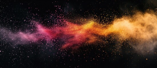 Colorful spray effect with stardust particles for decoration and covering on a black background, representing the concepts of sparkles, flame, and light. - obrazy, fototapety, plakaty