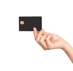 Woman hand holding black credit card on isolated white background.