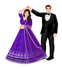 Indian Wedding Couple Dancing wearing Suite and lehenga