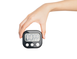 Hand holding stopwatch on isolated white background.
