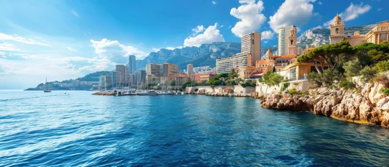 Poster view of a beautiful old urban cityscape skyline with water from a boat © DailyLifeImages