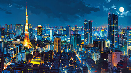 Aerial view of an urban cityscape at night with skyscrapers and city lights.