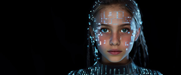 portrait of futuristic teenage girl with neon geometric shape as barcode grid on her face,humanoid technology