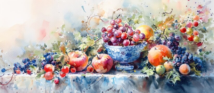 Watercolor painting of a still life with fruits and flowers, as an original artwork.