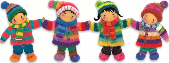 Cute decoration, knitted craft figurines, kids holding hands farandole, dancing a round dance, little woolen dolls representing happy kids on winter holiday, forming a circle, smiling and having fun