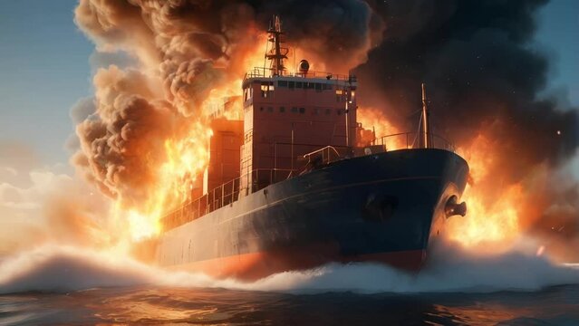 fire in the cargo ship at war, Seamless Animation Video Background in 4K Resolution	