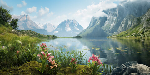 Wunderschöne grüne Landschaft mit Bergen Schnee und einem See, ai generativ - obrazy, fototapety, plakaty