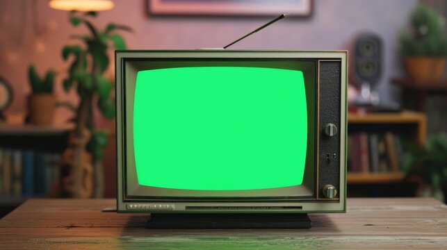 Green Screen TV on Wooden Table, Media Display Setup for Video Editing and Film Production