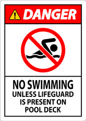 Danger Pool Sign No Swimming Unless Lifeguard Is Present On Pool Deck