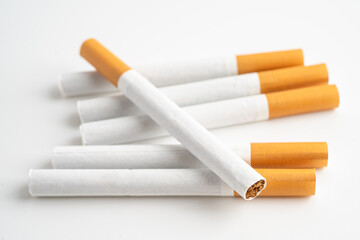 Cigarette on US dollar banknotes, cost, trading, marketing and production, No smoking, imort export concept.