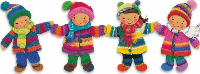 Fototapeta na wymiar Cute decorative knitted craft object, farandole of kids holding hands, dancing a round dance, little woolen dolls representing happy kids in winter, christmas and new year seasons greeting card
