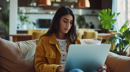 Woman Sitting on Couch Using Laptop Computer