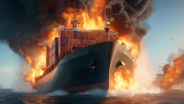fire in the cargo ship at war, Seamless Animation Video Background in 4K Resolution	