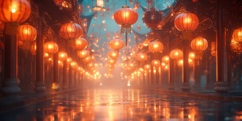 Japanische und Chinesische Kultur mit roten Lampen zum Neujahr, ai generativ - obrazy, fototapety, plakaty