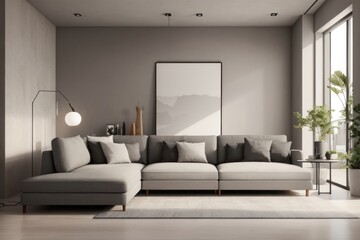 Interior home design of modern living room with gray sofa and abstract poster frame on stucco wall near the window