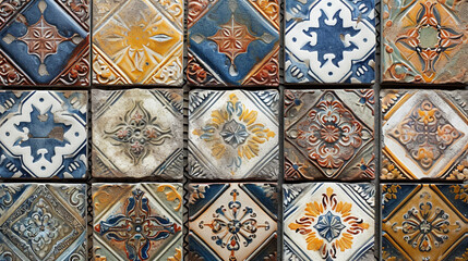 Ceramic Tile Mosaic: Realistic depiction of a ceramic tile mosaic, combining intricate patterns and colors for a visually appealing background, textures, background