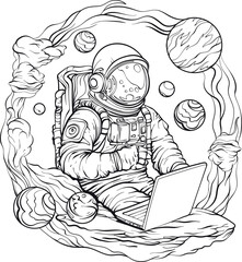 Astronaut in spacesuit working using laptop - 714754360