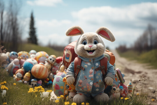 Osterhase mit vielen bunten Eiern, Hase versteckt Ostereier zwischen bunten Blumen, Gl&uuml;ckliches Kanninchen