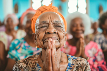 Fototapeta na wymiar Old Woman Praying in Church Eyes Closed. Latina Old Women Praying in a Church. Religious Concept.