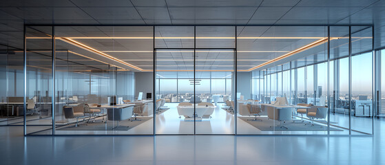 Modern contemporary  co-working office interior with copy space. Glass partitioned office in skyscraper building - obrazy, fototapety, plakaty