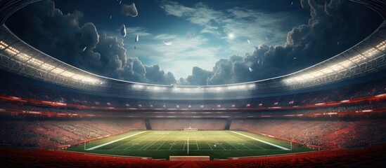 American football stadium with green field ready for game. AI generated image - obrazy, fototapety, plakaty