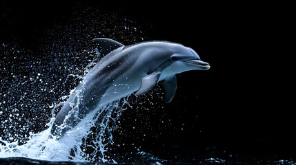 Jumping Dolphin on isolated black background, World Fish Day, International Sealife Day, World Animals Day, National Animals, Waterlife, Ocean Day, Generative Ai