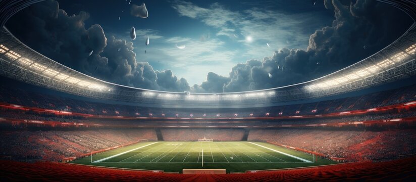 American football stadium with green field ready for game. AI generated image