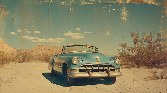 Vintage Car in the Desert: A tin type image showcasing a classic car against the desert landscape of Palm Springs, accentuated with gold leaf details and hints of duck egg blue, ti