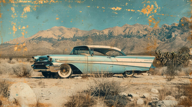 Vintage Car in the Desert: A tin type image showcasing a classic car against the desert landscape of Palm Springs, accentuated with gold leaf details and hints of duck egg blue, ti