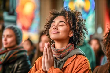 Foto op Plexiglas Young Woman Praying in Church Eyes Closed. Latina Woman Praying in a Church. Religious Concept. © MCStock