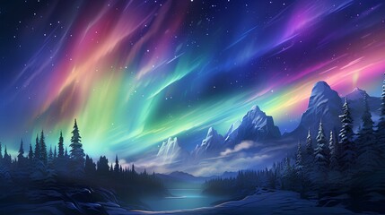 northen light scene with many colors and lights and mountains colorfull - obrazy, fototapety, plakaty