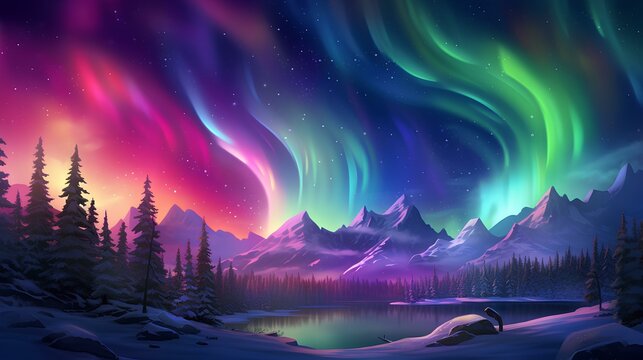 northen light scene with many colors and lights and mountains colorfull