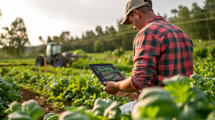 A farmer working in a vegetable farm field, inspecting and tuning irrigation center pivot sprinkler system on smartphone tablet device.