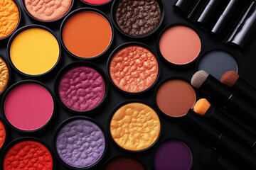 Obraz na płótnie Canvas Close-Up of a Colorful Makeup Set, Vibrant Beauty Essentials for Creative Expressions. Flat Lay Top View Creative Color Design Concept
