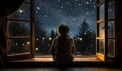 young kid looking at the starry sky through the window - magical winter window to the stars