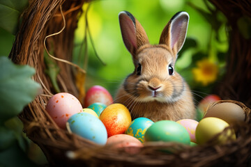 Osterhase mit vielen bunten Eiern, Hase versteckt Ostereier zwischen bunten Blumen, Glückliches Kanninchen - obrazy, fototapety, plakaty