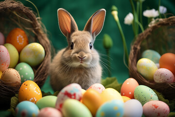 Fototapeta na wymiar Osterhase mit vielen bunten Eiern, Hase versteckt Ostereier zwischen bunten Blumen, Glückliches Kanninchen
